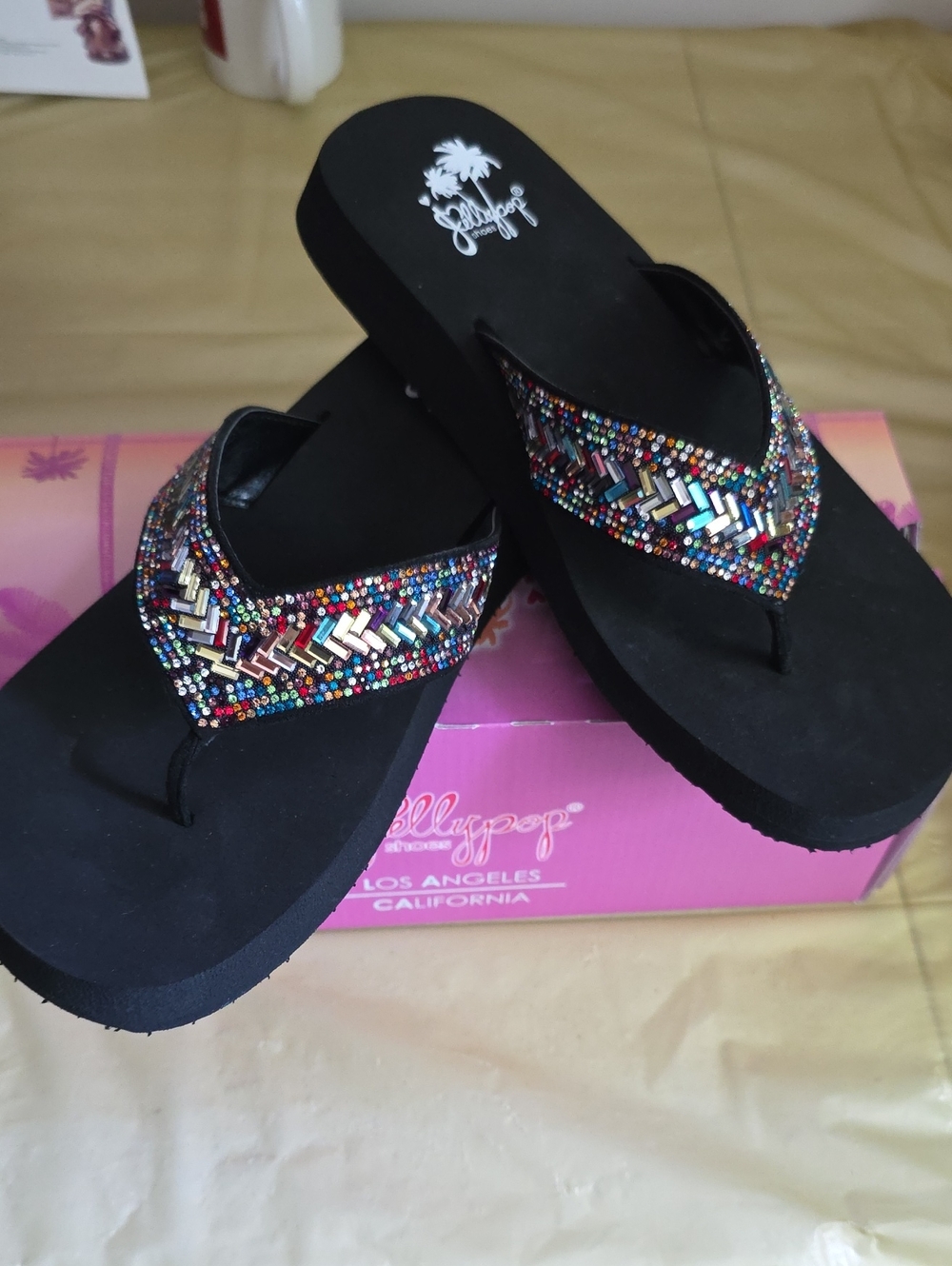 Jelly Pop Women's Black Beaded Platform Flip Flops